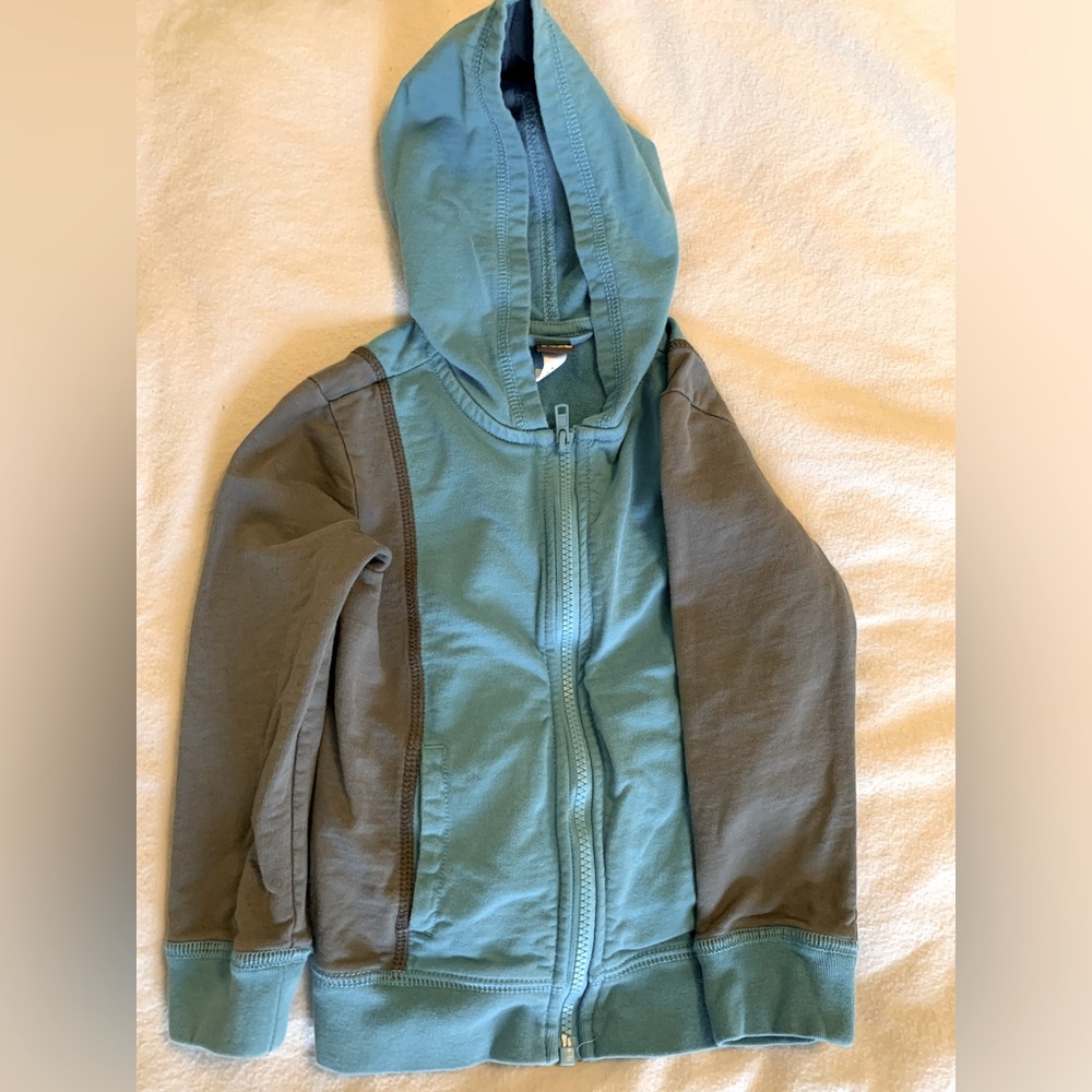 Tea Collection cotton French terry hoodie - blue and grey color block, 4T.